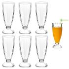 Kit taca copo milk shake e suco 6 pçs sobremesa retro 260ml grande copo de vidro