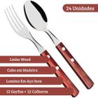 Kit Talheres 24 Unidades Wood 12 Garfos e 12 Colheres Inox