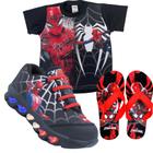 Kit Tênis de Led Infantil Menino Aranha Menino + Chinelo + Camisa