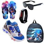 Kit Tênis De Led Infantil Menino Masculino Sonic + Chinelo + Mochila + Óculos + Relógio