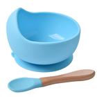 Kit - tigela com colher de silicone com cabo de bambu para alimentação do bebê