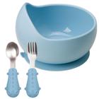 Kit Tigelinha Bowl Com Ventosa Talheres Em Silicone E Inox Azul Bebê Papinha Buba