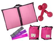 Kit Tornozeleira 4KG Nylon Rosa + Halteres 4KG Rosa + Colchonete Dobravel Rosa + MiniBand - Exercise Sports