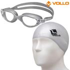 Kit touca de natação de silicone prata + óculos de natação wide vision cinza - vollo