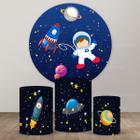 Kit Trio de Capas Cilindro + Painel Tema Astronauta Veste Fácil 3d Sublimado C/elástico Festa Aniversario