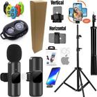 Kit Tripé Pedestal Suporte Vertical Microfone Lapela Sem Fio iPhone Gravação Vídeo