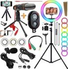 Kit Tripé Profissional Pedestal 2,10m + Iluminador Ring Light Rgb Anel Luz Suporte Celular Universal Microfone Mesa Hing - RIOSUL STORE