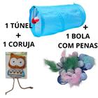 Kit tunel interativo com chocalho para gato + pelúcia coruja+bola com penas