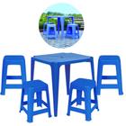 Kit Uma Mesa Quadrada + 4 Banquetas em Plastico Azul Empilhavel Mor