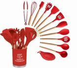 Kit Utensilios Cozinha 13 Peças Silicone Cabo Mdf Vermelho