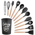 Kit Utensílios Cozinha Silicone e Madeira Escumadeira Colher Pegador Fue Suporte 12 peças