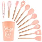 Kit Utensílios Cozinha Silicone e Madeira Escumadeira Colher Pegador Fue Suporte 12 peças