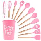 Kit Utensílios Cozinha Silicone e Madeira Escumadeira Colher Pegador Fue Suporte 12 peças - TUDO PARA COZINHA