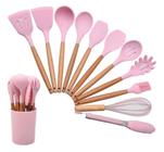 Kit Utensílios Cozinha Talher Silicone 12 Peças Cabo Madeira