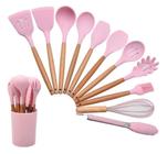 Kit Utensílios Cozinha Talher Silicone 12 Peças Cabo Madeira - Shopping Md