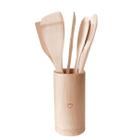 Kit Utensílios de Bambu Heart Cozinha com Suporte Porta Utensílio Conjunto Talheres de Bambu Sustentável 6 Peças
