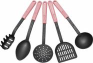 Kit utensílios de cozinha 5 peças em nylon cabo rosa