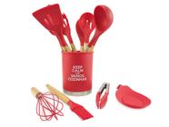 Kit Utensílios de Cozinha Premium Conjunto Com 13 Peças de Silicone e Cabo em Madeira Copo Suporte