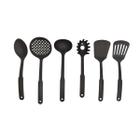 Kit Utensílios de Cozinha Preto 6 Utensílios Espumadeira Concha Colher Pegador Macarrão Espátula de Fritura e Espátula Lisa Panela Antiaderente