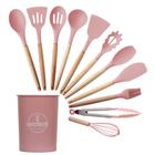 Kit Utensílios de Cozinha Silicone Cabo de Madeira Cor Rosa - Kitchen Set