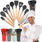 Kit Utensílios de Cozinha Silicone Com Cabo Madeira Jogo Completo 12 Peças - Le Gardénia