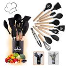 Kit Utensílios de Cozinha Silicone Conjunto 12 Peças Cabo de Madeira Copo Suporte