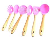 Kit Utensílios De Cozinha Silicone E Madeira C/6 Peças Rosa