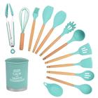 Kit Utensílios de Silicone Cozinha com cabo madeira e Copo