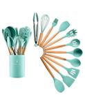 Kit Utensílios de Silicone para Cozinha 11 Peças Conjunto Jogo Cabo de Madeira Resistente C/ Suporte