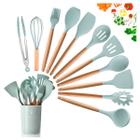 Kit Utensílios de Silicone para Cozinha 11 Peças Conjunto Jogo Cabo de Madeira Resistente C/ Suporte