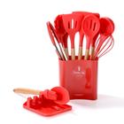 Kit Utensílios de Silicone para Cozinha 13 peças Vermelho Com Cabo de Madeira Jogo para Cozinha