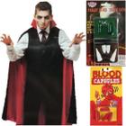 Kit Vampiro Drácula Capa + Presas + Sangue Terror Halloween