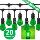 Kit Varal de Luzes Iluminado Com 20 Lâmpadas LED S14 Retrô Econômica 1W 110v 10 Metros Verde KIT029