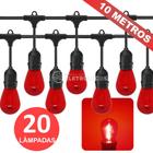 Kit Varal de Luzes Iluminado Com 20 Lâmpadas LED S14 Retrô Econômica 1W 110v 10 Metros Vermelho KIT027 - EMBU LED