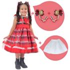 Kit Vestido Festa Junina São Joao Xadrez Vermelho + 2 laços + saia de filó