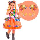 Kit Vestido Festa Junina Xadrez Tule Laranja Tom Neon + 2 laços