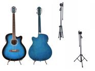 Kit violão land eletrico aço azul pedestal para microfone