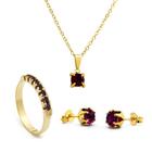 Kit Violeta Ametista - Gargantilha Pingente Quadrado - Brincos - Meia Aliança - Banhado Ouro 18k - KIT10529