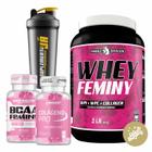 Kit Whey Feminy Protein 907g + BCAA Feminy 2200mg 60 caps + Colágeno Hidrolisado 60 caps com Vitamina C e E