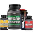 Kit Whey Protein VEGANO 900g + Creatina 180 Cáps + Glutamina 120 Cáps + Coqueteleira 600ml