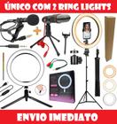 Kit Youtuber Microfone Condensador de Mesa Profissional Luz Led Iluminador 2 Ring Light Tripé Gravação de Vídeo Celular