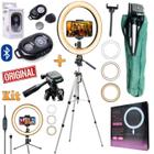 Kit Youtuber Tripé Profissional 1,30m + Luz Iluminador Anel Led Ring Light 26cm Suporte Celular + Bluetooth Foto Vídeo