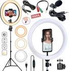 Kit Youtuber Tripé Profissional Celular Luz Flash Ring Light Iluminador Led Microfone Lapela Cabo Extensor Gravar Vídeo