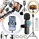 Kit Youtuber Tripé Universal + Microfone Sem Fio iPhone Gravação Vídeo Suporte Bastão Celular Luz Iluminador Hing Selfie