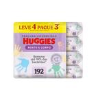 Embalagem promocional de lenços umedecidos Huggies Rosto e Corpo com 192 unidades, destacando a oferta Leve 4 Pague 3.