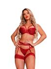 Lingerie Conjunto Feminino Bojo Brilho Vermelho Cinta Liga