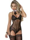 Lingerie Sensual Luxo Body Com Cinta Liga e Meia 7/8