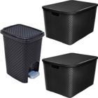 Lixeira Rattan C/Pedal Cozinha 7L + 2 Caixa Rattan 40L Preta - Arqplast