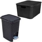 Lixeira Rattan C/Pedal Cozinha 7L + Caixa Rattan 20L Preta - Arqplast