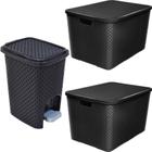 Lixeira Rattan Luxo Pedal 7L +2 Caixa Organizadora 40L Preta - Arqplast